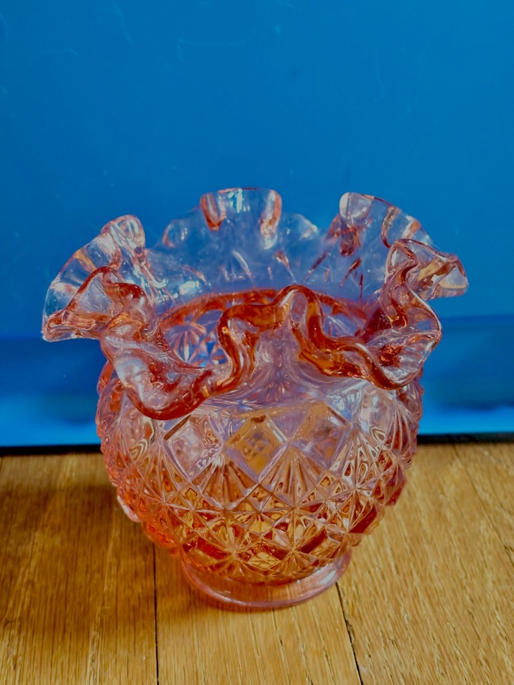 Vintage Fenton Dusty Rose Cut Block Crimp Ruffle Edge Glass Vase Diamond Pink